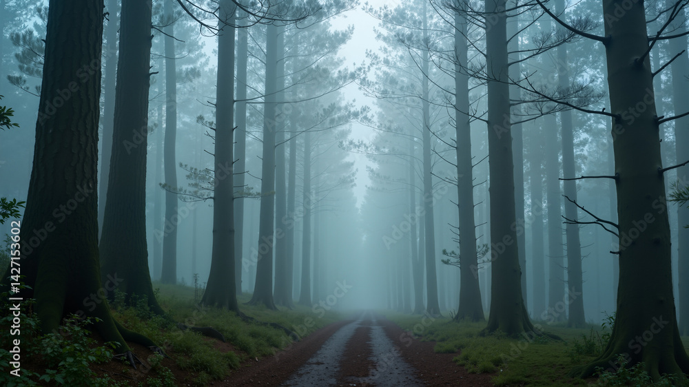 Obraz premium Misty forest with tall trees