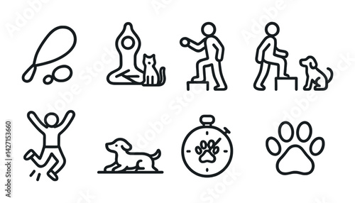 Pet activities line icon set – outline style animal and human interaction symbols for lifestyle and training: yoga with cat, dog walking, training steps, playful pet, paw print