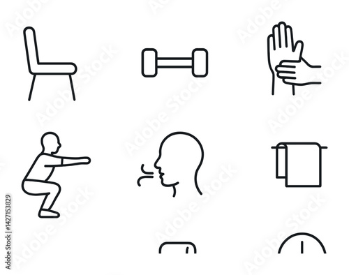 Fitness and wellness line icon set – outline style exercise and health symbols for physical activity, meditation, and self-care: dumbbell, massage, squat, breathing, yoga mat, chair