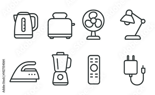 Home appliances icon set – outline style kitchen and living room symbols for interior design and electronics: kettle, toaster, fan, lamp, iron, blender, remote, charger