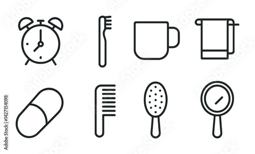 Morning routine icon set – outline style daily habits symbols for personal care and morning rituals: alarm clock, toothbrush, coffee mug, towel, pillow, comb, mirror