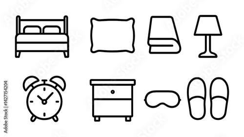 Bedroom essentials icon set – outline style for home decor and interior design: bed, pillow, blanket, lamp, alarm clock, nightstand, sleep mask, slippers