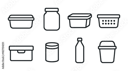 Plastic containers icon set – outline style kitchen and storage symbols: tupperware, jar, stackable box, basket, bin, bottle, drum, canister