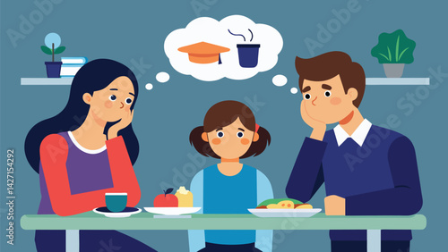 A young family sitting around a dinner table happily discussing their future plans but the mood changes when the topic of student loans comes up and. Vector illustration
