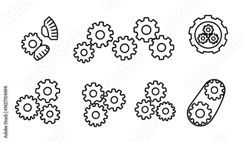 Engineering and technology icon set – outline mechanical and industrial symbols for machine design, construction, and innovation: gear, cog, machine, engineering, industrial tool, mechanical part