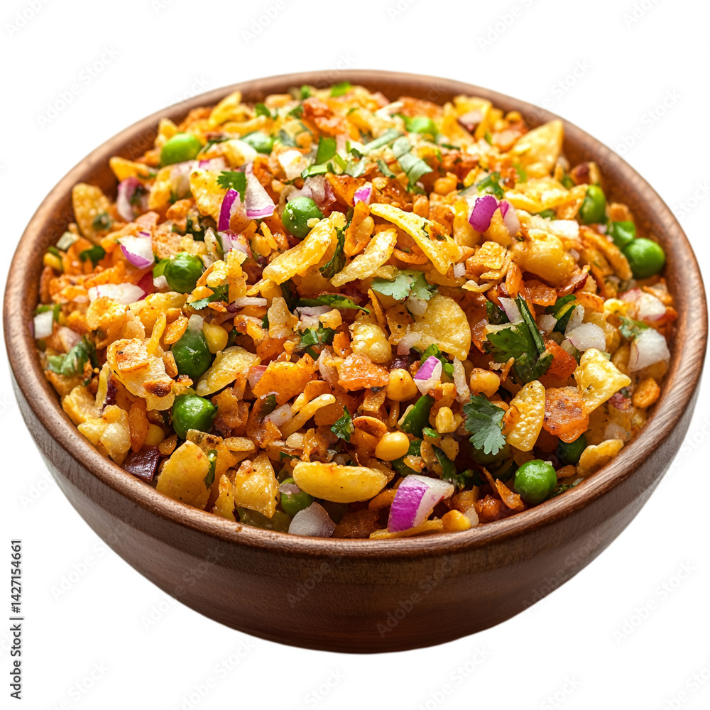Savory Indian Snack in Wooden Bowl Crispy Flakes Peas Onions Cilantro Savory Indian Snack in Wooden Bowl Crispy Flakes Peas Onions Cilantro