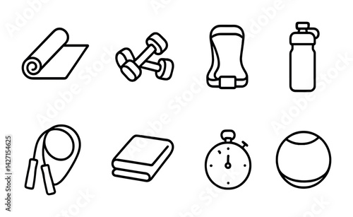 Fitness equipment icon set – outline style for gym and workout essentials: dumbbells, yoga mat, jump rope, water bottle, stopwatch, towel, fitness ball
