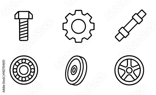 Mechanical engineering outline icon set – detailed gear and tool symbols for industrial design and manufacturing: bolt, gear, pipe, bearing, pulley, wheel