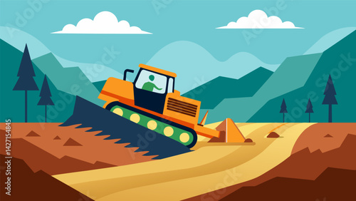 The bulldozers blade slices through the land reshaping it to fit the needs of the construction project.. Vector illustration