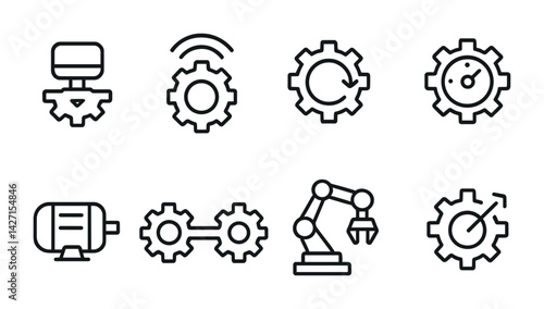Industrial and automation outline icon set – clean and precise machinery and engineering symbols for factory design and automation: cnc machine, robotic arm, gears, conveyor belt, motor, sensor,