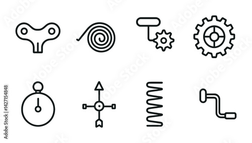 Mechanical components outline icon set – sleek, minimalist symbols for engineering and machinery projects: gear, spring, crank, stopwatch, arrow, sprocket, key