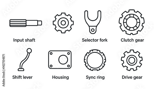 Automotive mechanical parts line icons set – outline style for engineering and vehicle maintenance: input shaft, selector fork, clutch gear, shift lever, housing, sync ring, drive gear