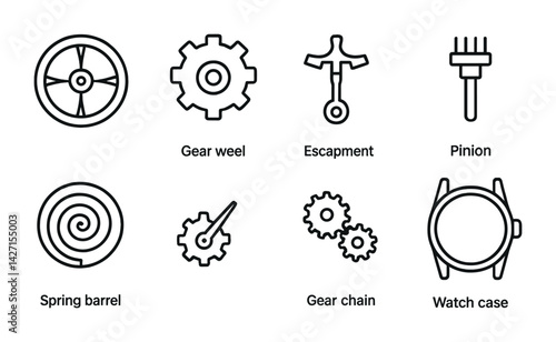 Watch parts icon set — linear style symbols for clockmaking and repair: gear wheel, escapement, pinion, spring barrel, gear chain, watch case