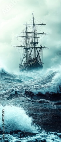 Stormy Seas Sailing Ship Braving Tempest.