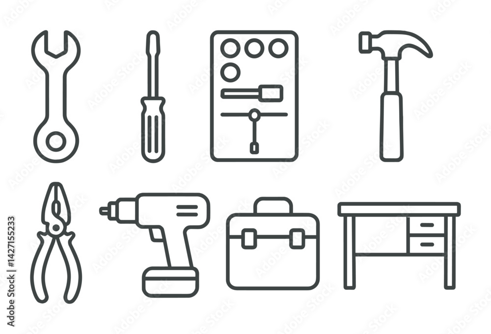 Tools and hardware icon set – outline style handyman and diy symbols for repair and construction projects: wrench, screwdriver, control panel, hammer, pliers, drill, toolbox, desk Tools and hardware icon set – outline style handyman and diy symbols for repair and construction projects: wrench, screwdriver, control panel, hammer, pliers, drill, toolbox, desk