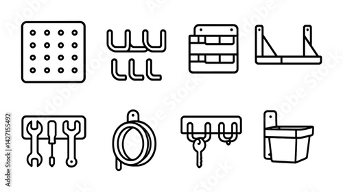 Garage organization icon set – outline style tools and storage solutions for diy and home improvement: pegboard, hooks, shelving, tool rack, hose holder, key rack, storage bin