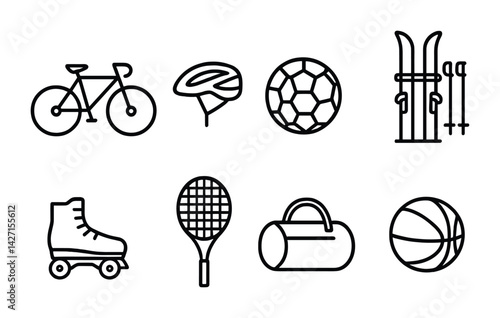 Sports equipment icon set – outline style athletics and fitness symbols: bicycle, helmet, soccer ball, skis, roller skate, tennis racket, gym bag, basketball