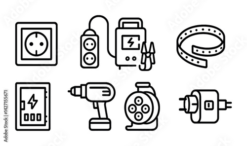 Electrical equipment outline icons set – clean and minimalist power and utility symbols for home and workshop use: outlet, plug, multimeter, cable, electric panel, drill, extension cord
