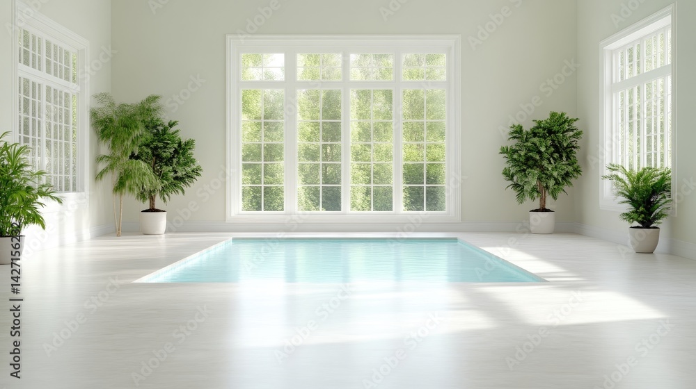 Sun-drenched indoor pool, bright white room Sun-drenched indoor pool, bright white room