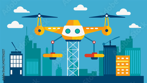 The drone capturing images of the construction site during all phases of the project providing a comprehensive record of progress and compliance.. Vector illustration