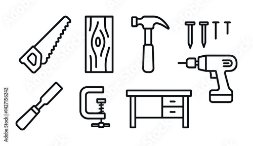 Carpentry tools icon set – outline style woodworking and diy tools: saw, hammer, nails, drill, wood plank, chisel, clamp, workbench