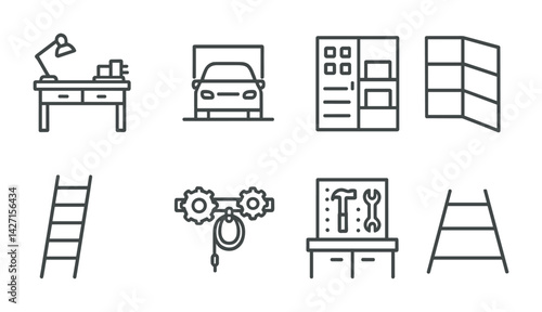 Home workshop outline icon set – simple design tools and diy elements for garage and workspace: workbench, car lift, tool rack, storage cabinet, ladder, pulley, shelving