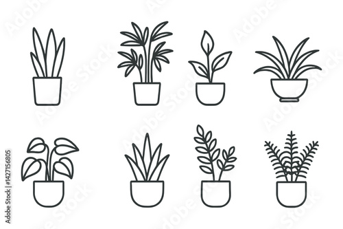 Houseplant outline icons set – minimalist botanical and nature symbols for indoor gardening and décor: fern, succulent, cactus, palm, aloe, flower, leaf, potted plant