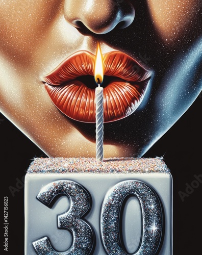An artistic image featuring a lit birthday candle on a stylish cake with the number 30 while a pair of glamorous lips release a candle's flame to celebrate a special milestone.