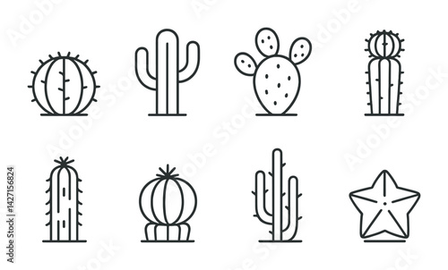 Cactus icon set – outline style succulent and desert plant symbols for garden design, greenery, nature aesthetics, and landscaping: barrel, saguaro, prickly pear, tall cactus, star cactus