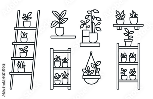 Indoor plant icon set – outline garden and home decor symbols: potted plant, ladder shelf, hanging planters, shelf plants, potted succulents, indoor pots