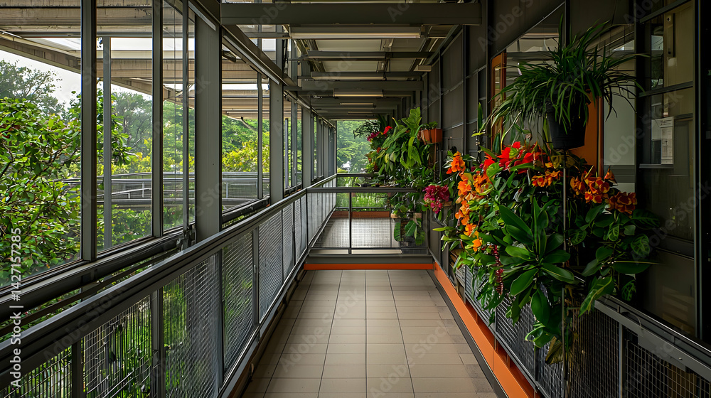 Modern Exterior Corridor With Lush Plants And Flowers Modern Exterior Corridor With Lush Plants And Flowers