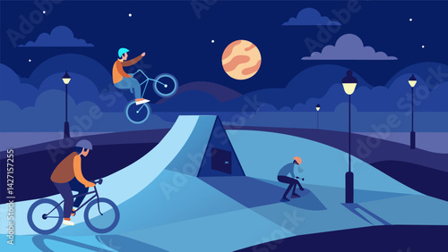 As the streetlights flicker on a group of BMX riders take advantage of the empty skate park to perform their most daring and creative tricks under the. Vector illustration