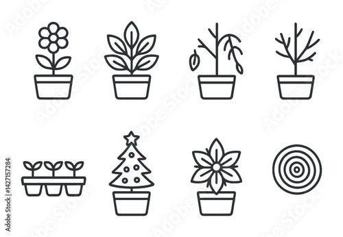 Plant care and gardening outline icons set – linear style for greenery and horticulture: flower, potted plant, seedlings, tree, wilted plant, target, spruce, poinsettia