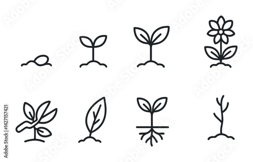 Plant growth icon set – outline style nature and gardening symbols: seed, seedling, bud, sprout, leaf, root, flower, stem