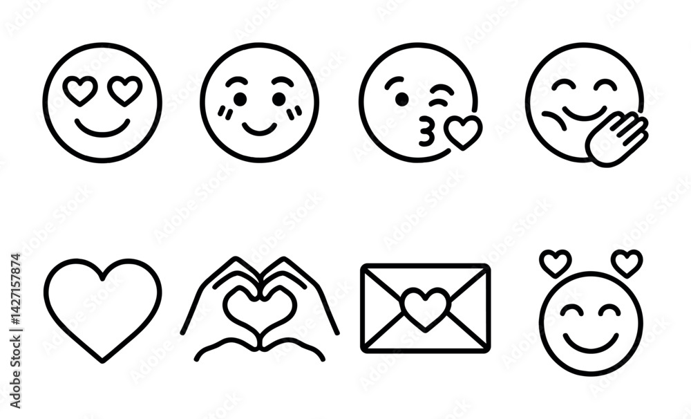 Emoji icon set – outline style expressive and emotive symbols for messaging, communication, and digital interaction: smiley face, wink, kiss, blush, heart, love letter, heart eyes, facepalm