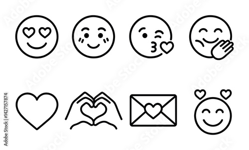 Obraz na płótnie Emoji icon set – outline style expressive and emotive symbols for messaging, communication, and digital interaction: smiley face, wink, kiss, blush, heart, love letter, heart eyes, facepalm w salonie