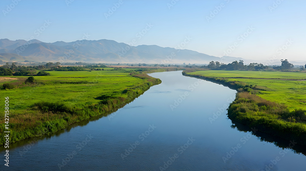 Panoramic View Of Serene River Through Lush Green Fields Panoramic View Of Serene River Through Lush Green Fields