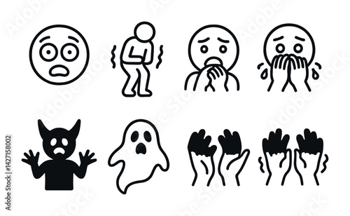 Emotion and reaction icon set – outline style expressive symbols for mood depiction and psychological states: fear, anxiety, shock, surprise, ghost, trembling, devil, crying