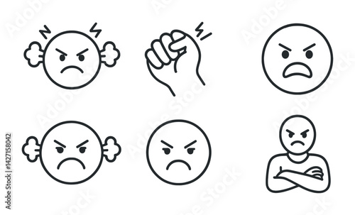 Emotions and expressions icon set – outline style mood and reaction symbols for communication and design: angry face, clenched fist, crossed arms, fuming expression, exasperated emoji
