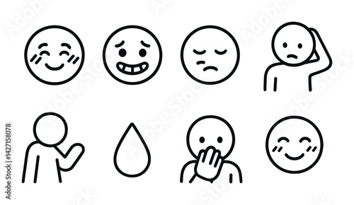 Emotion and facial expression outline icon set – minimalist style emotive symbols for digital communication and user interface: smile, frown, laughter, sadness, wave, shy, surprise, confused