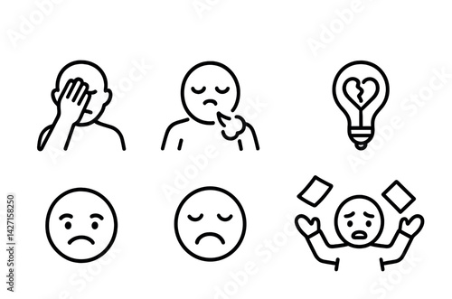Emotion and expression outline icon set – expressive and minimalist symbols for communication, feelings, and moods: facepalm, thought, broken lightbulb, sad face, overwhelmed