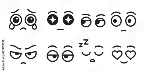 Emotion expression icon set – line style emoticon and facial expression symbols for communication: sad, happy, sleepy, angry, confused, surprised, in love, curious