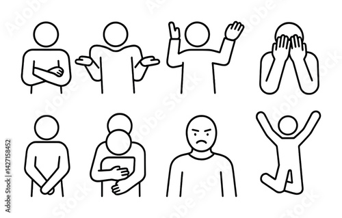 Emotion and interaction outline icon set – minimalist line style expressions and gestures for communication, empathy, and dialogue: arms crossed, shrug, waving, facepalm, hugging, angry, jumping