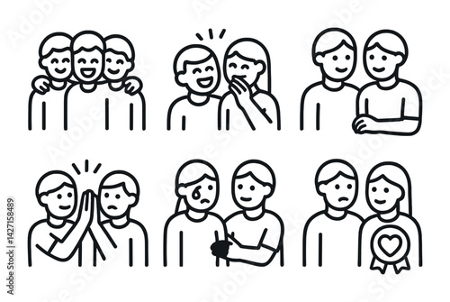 Friendship and social interactions icon set – outline style communication and relationship symbols for connection, empathy, support: friends, laughter, secrets, empathy, bonding, encouragement, heart
