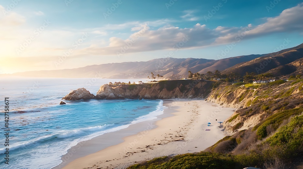 Coastal Sunset Over Pacific Ocean Beach Dramatic Cliffs Sandy Shore Turquoise Water Golden Hour Light Palm Trees Houses on Cliffside Coastal Sunset Over Pacific Ocean Beach Dramatic Cliffs Sandy Shore Turquoise Water Golden Hour Light Palm Trees Houses on Cliffside