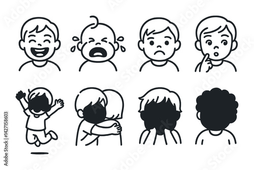 Child emotions outline icon set – expressive and educational symbols for understanding kids' feelings and communication: happy, sad, crying, thinking, hugging, surprised, joyful