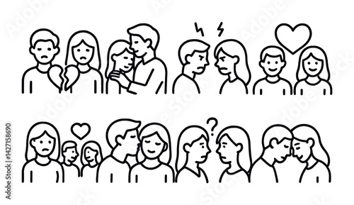 Relationship and emotions linear icon set – outline style emotional and communication symbols for understanding, empathy, and connection: heart, broken heart, couple, argument, friendship, support,
