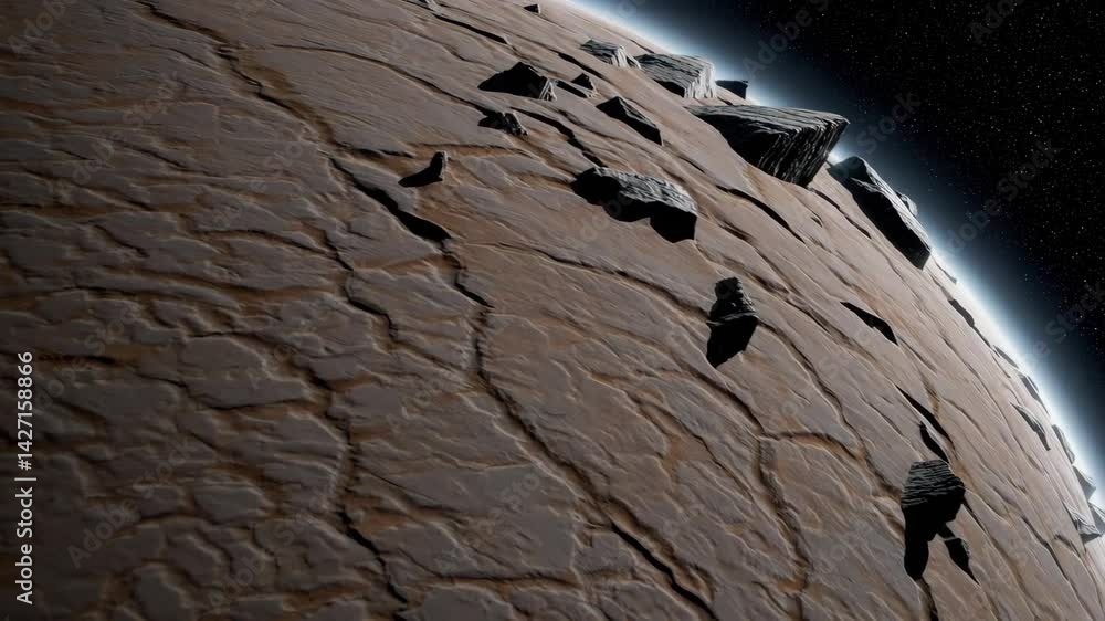 Rotating rocky surface of a planet in space