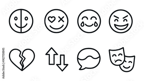 Emoticon outline icon set – simple and expressive designs for communication, messaging, and social media: smiley, heart, laugh, angry, broken heart, arrows, speech bubble, masks