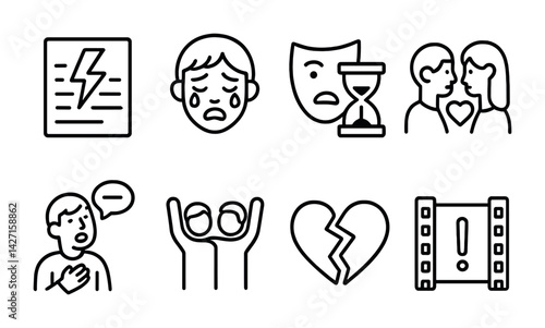Emotions icon set – outline style emotional expression symbols for mental health, therapy, and interpersonal connection: sad face, broken heart, hourglass, speech bubble, hugging, film strip
